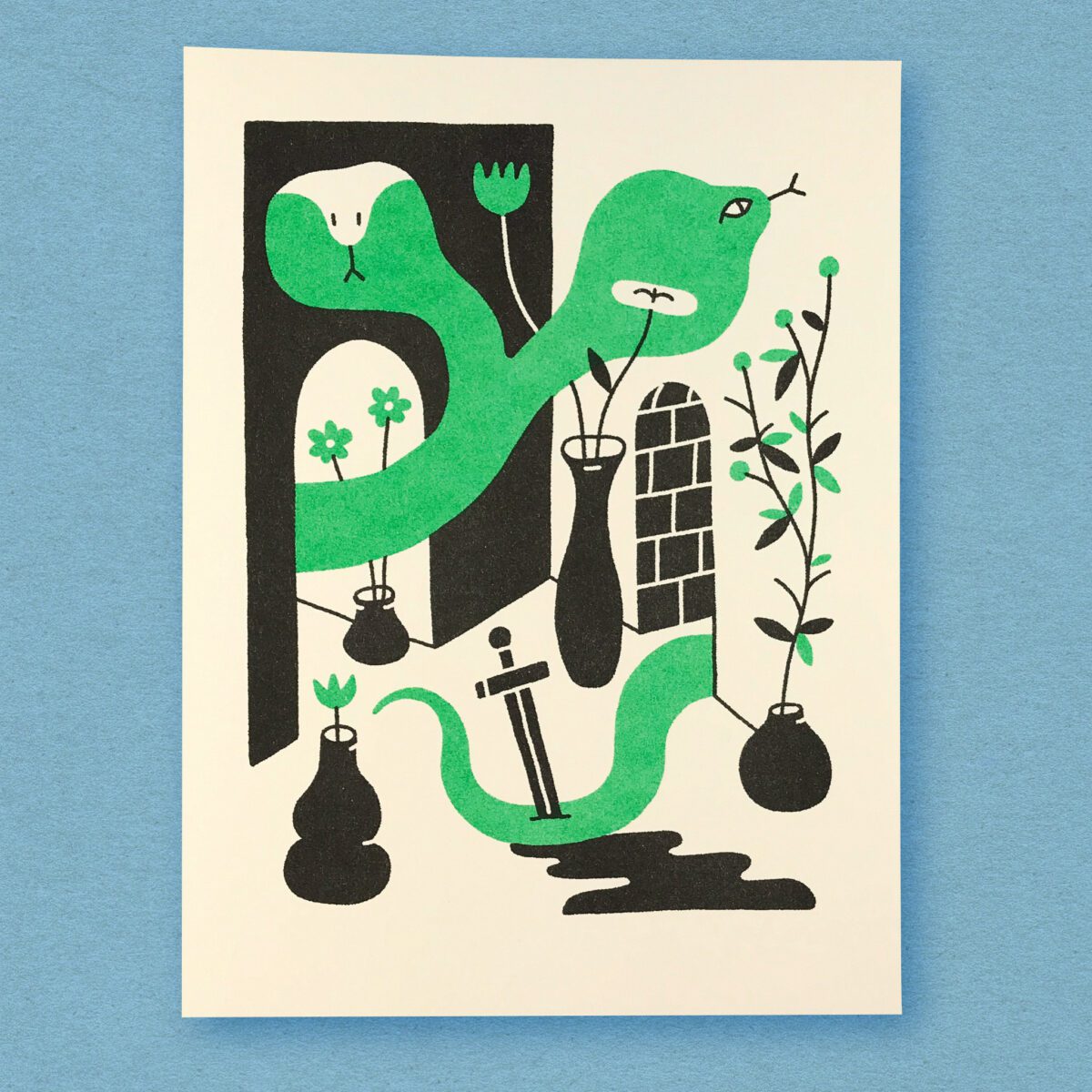 a print of a two-headed snake in a dungeon room surrounded by potted plants.