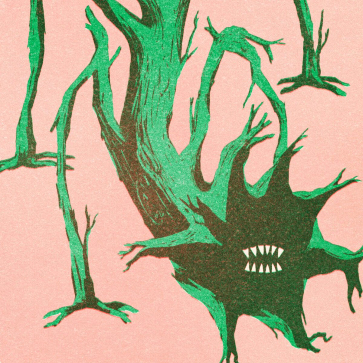 An illustration of a fallen tree turned into a creature with legs and teeth