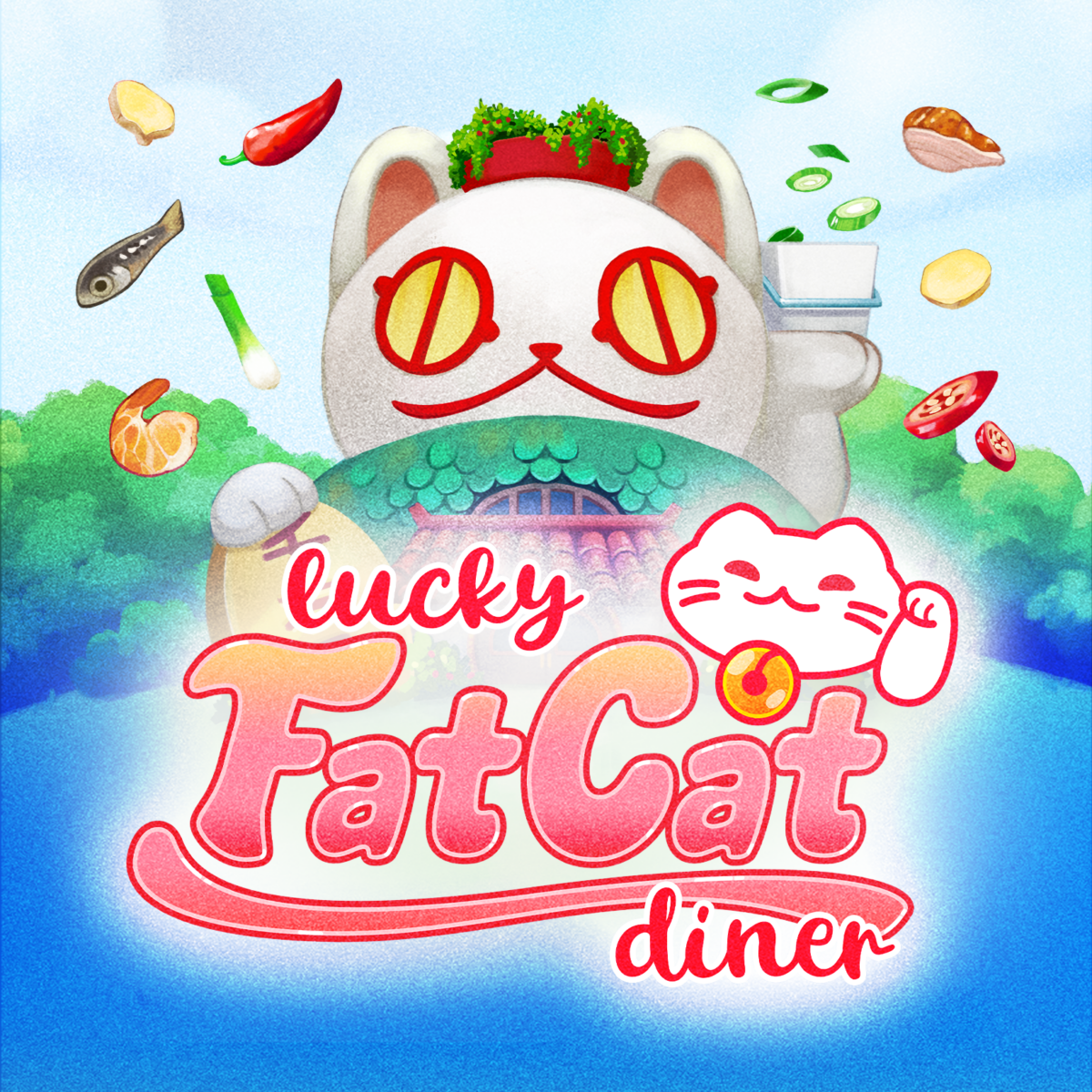 Lucky Fat Cat Diner game logo and diner art with flying food.