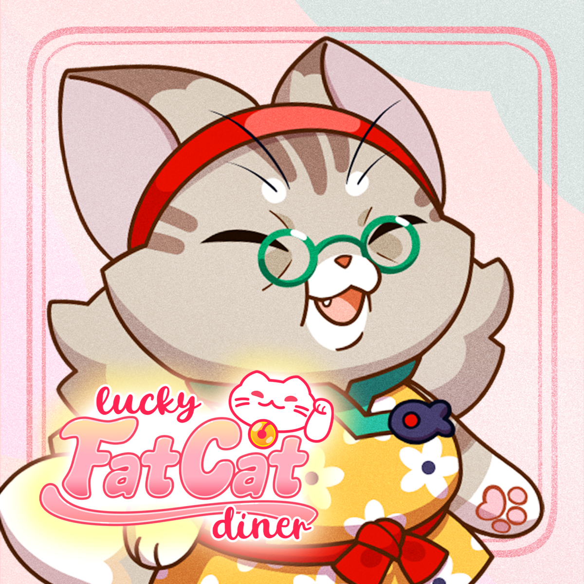 Lucky Fat Cat Diner Lola character art. A grandma cat named Lola with green glasses, red headband, and a yellow floral shirt.