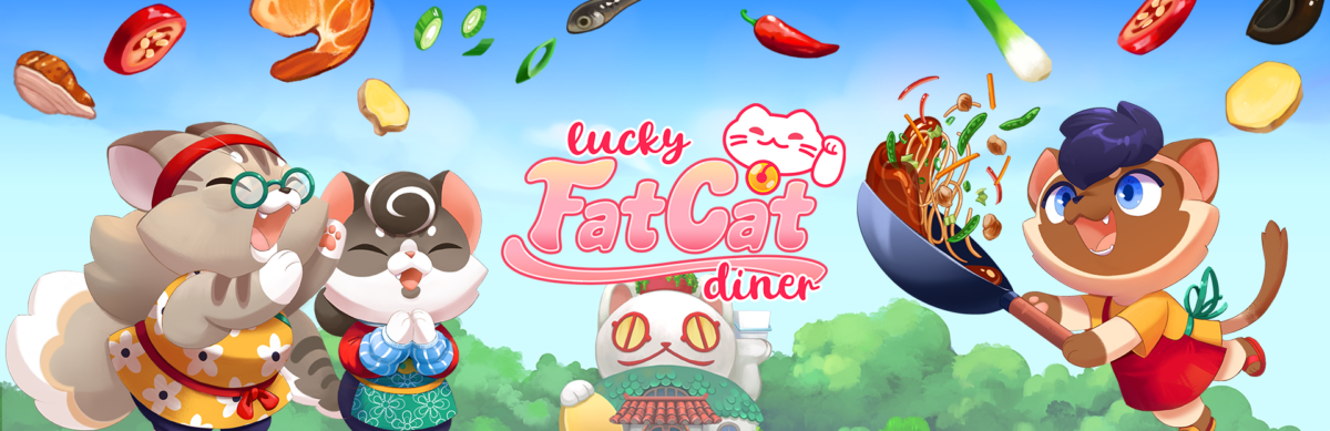 Lucky Fat Cat Diner banner art with a cat family and flying food.