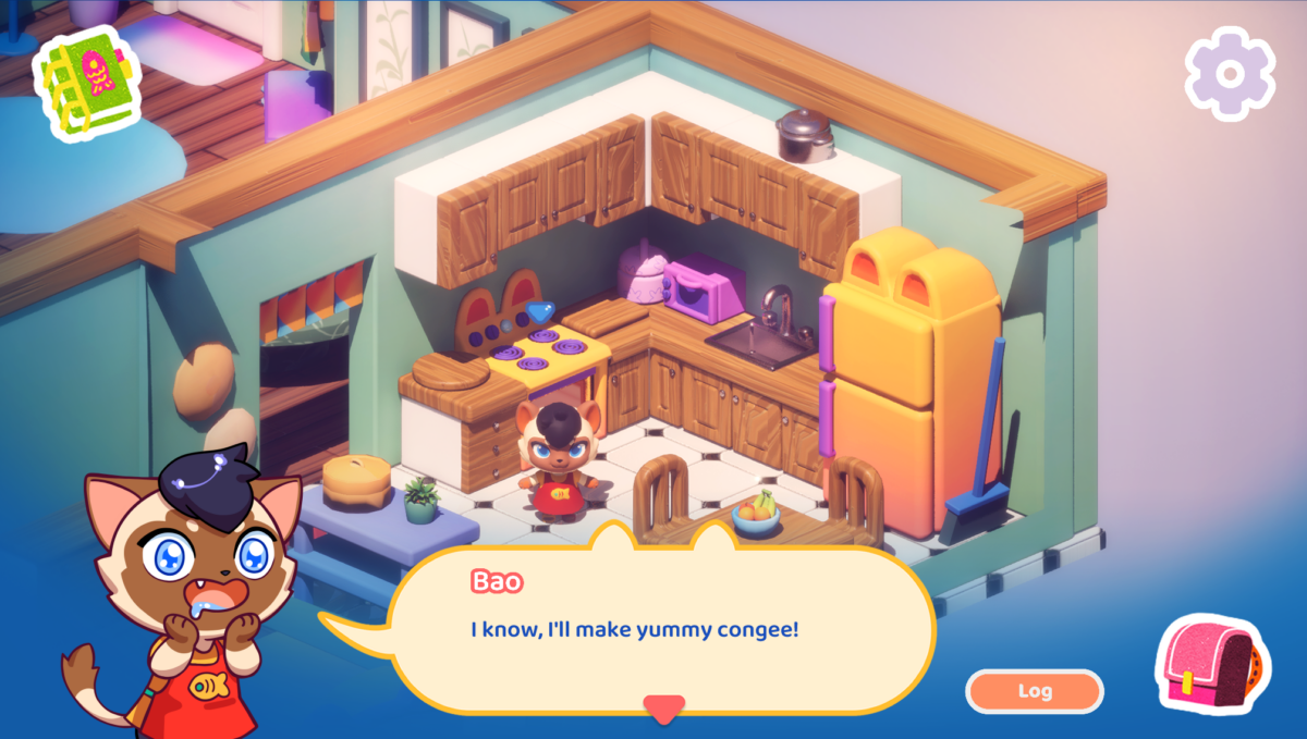 Lucky Fat Cat Diner screenshot. A little cat named Bao is in the kitchen exclaiming "I know, I'll make yummy congee!"