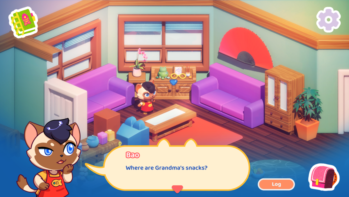 Lucky Fat Cat Diner screenshot. A little cat named Bao is in a living room, wondering where grandma hides her snacks.