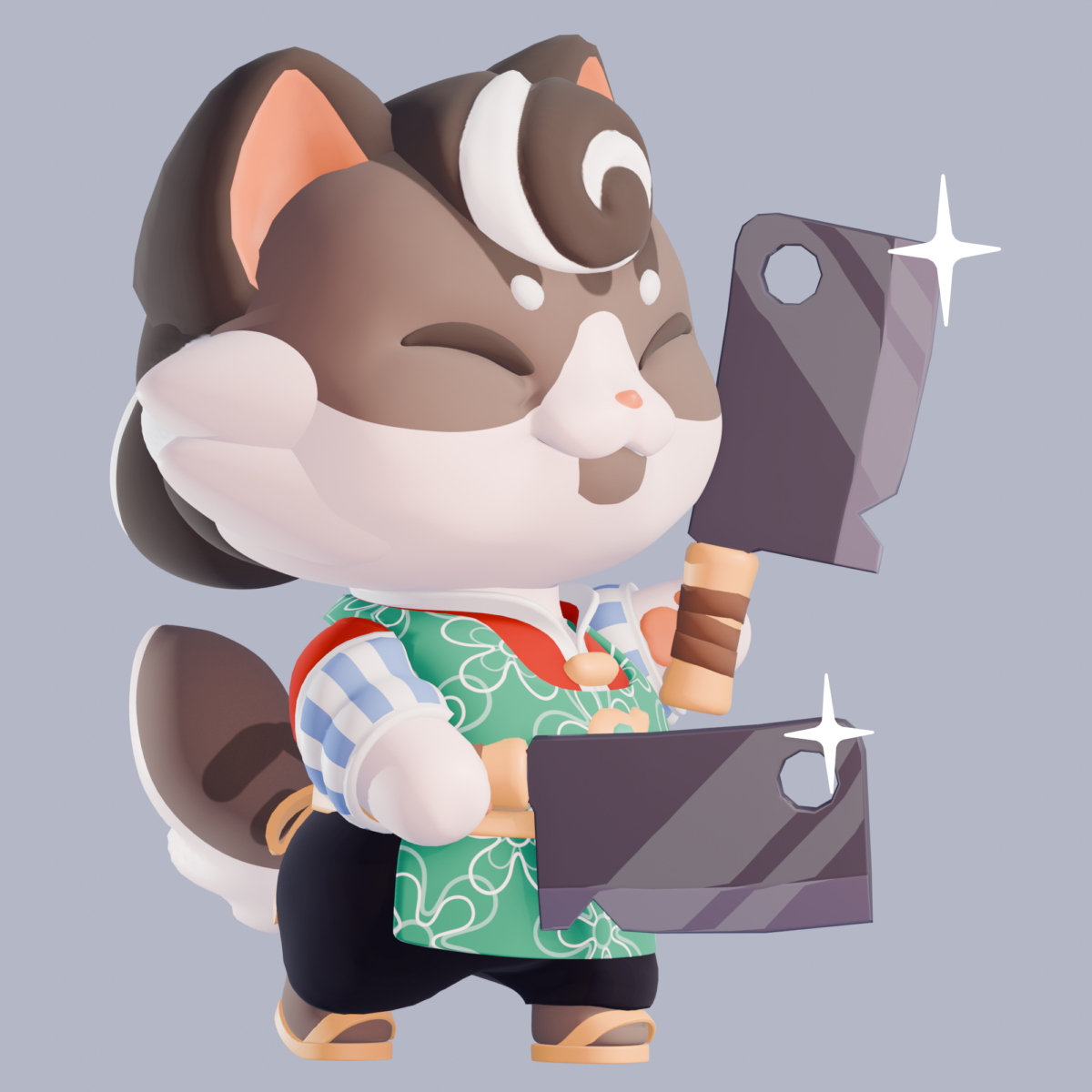 Lucky Fat Cat Diner Yeoh character 3D art. A mom cat holding two shiny cleavers and wearing a green apron, yellow slippers, and has a swirly bun.