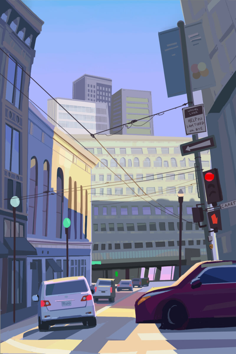 cityscape sunset purple light car traffic
