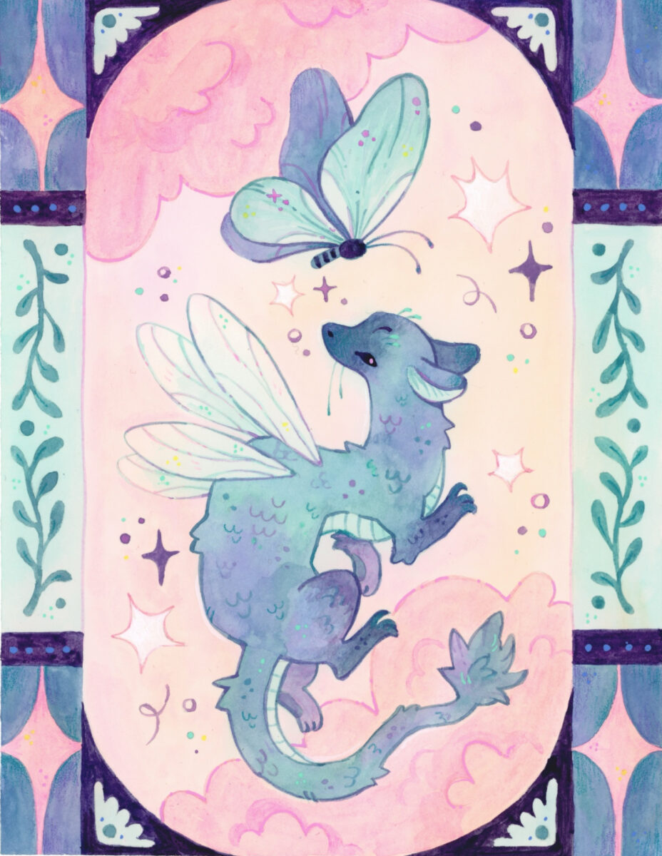 A gouache painting of a dragon with bug wings and a blue butterfly. They are in front of pink clouds and framed by a decorative border.