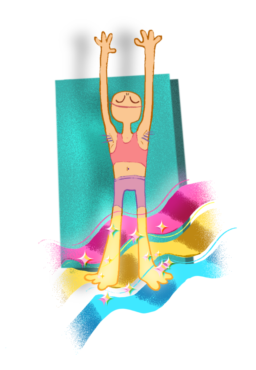 character laying down on a yoga mat with bright colors flowing through their body