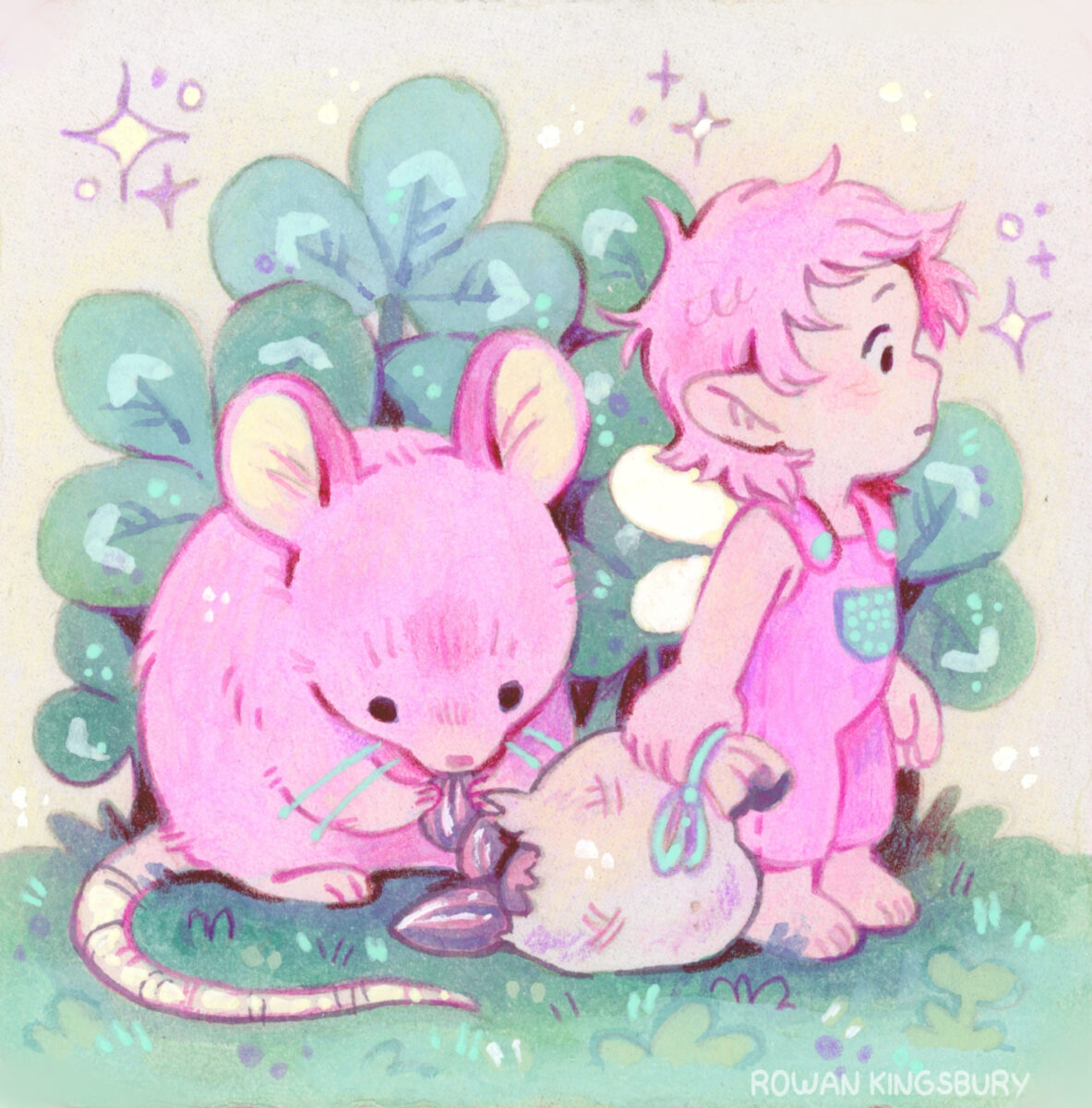 A gouache painting of a squirrel stealing pumpkin seeds from the bag of a little fairy kid who isn't paying attention. Behind them are clovers and sparkles.