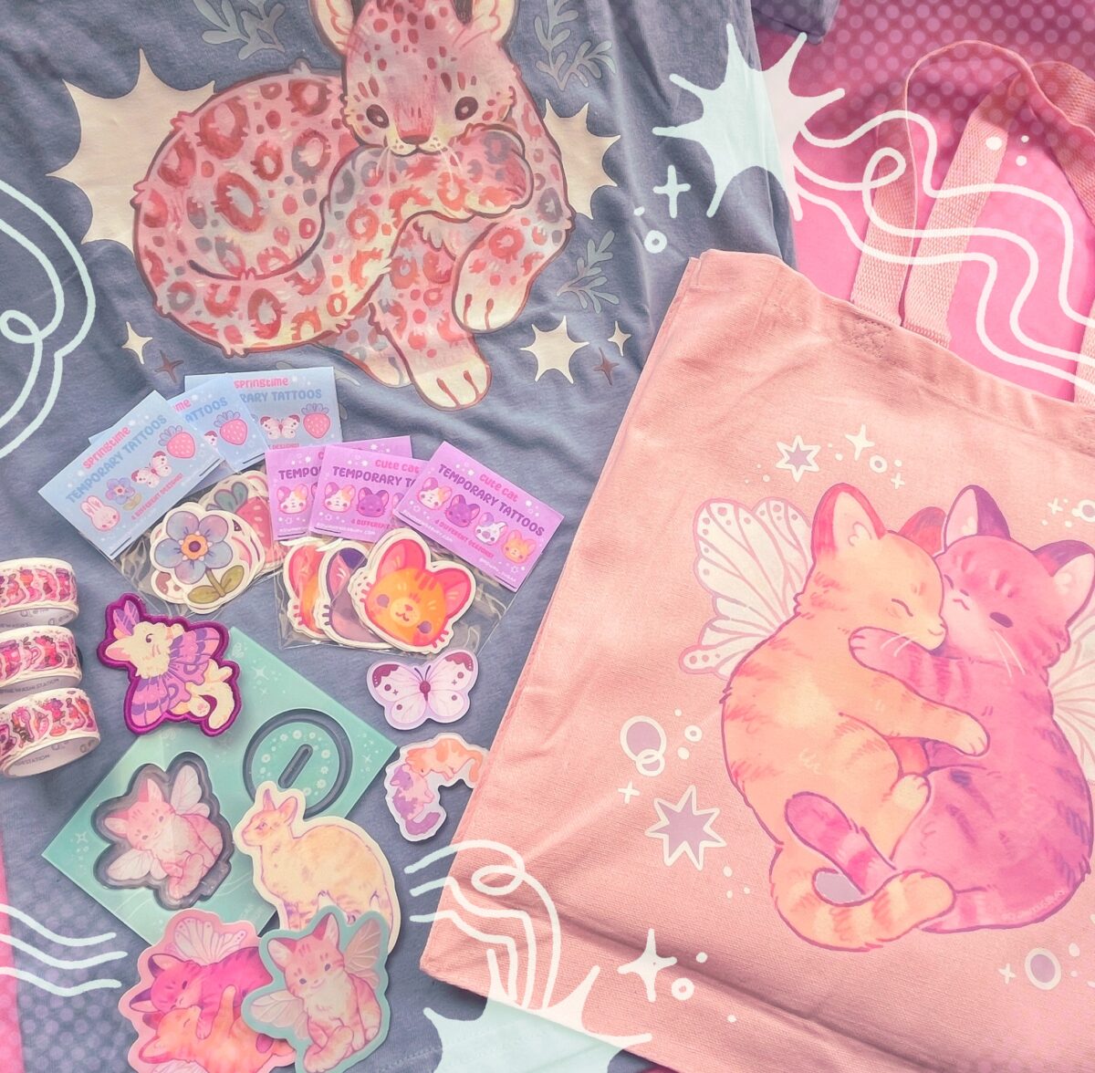 An array of cute illustrated products with little sparkle doodles over them.