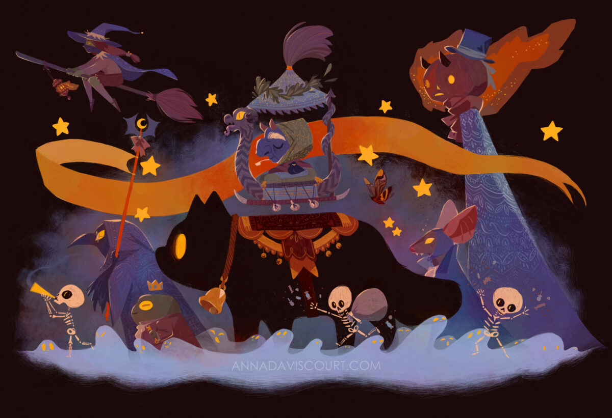 A massive spooky parade of various Halloween themed creatures travelling together from the right to left against a dark background. Watermark: AnnaDaviscourt.com