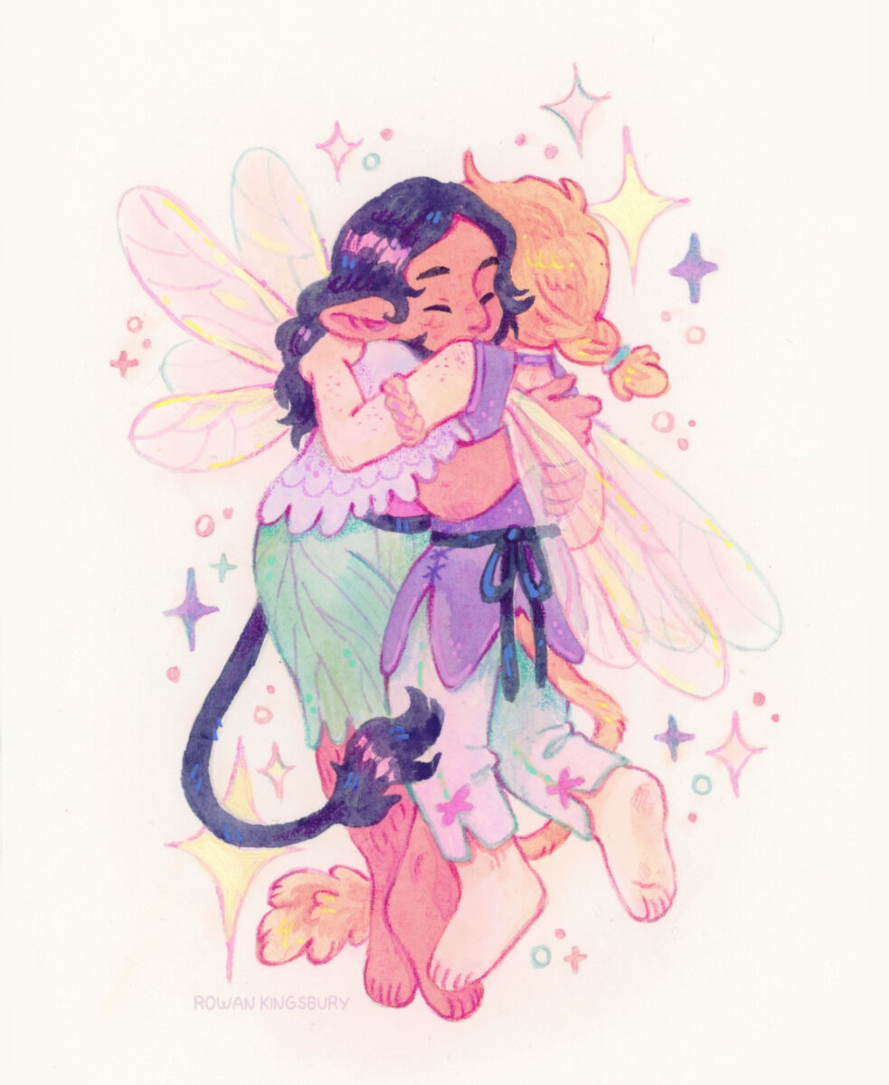 A gouache painting of two fairy girls hugging in mid air, surrounded by sparkles.