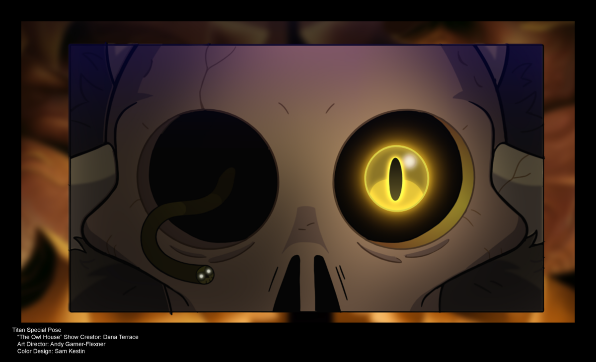Close Up of a skull with a glowing golden eye. In the shadows of his other eyesocket is a tube with a pair of glowing eyes.