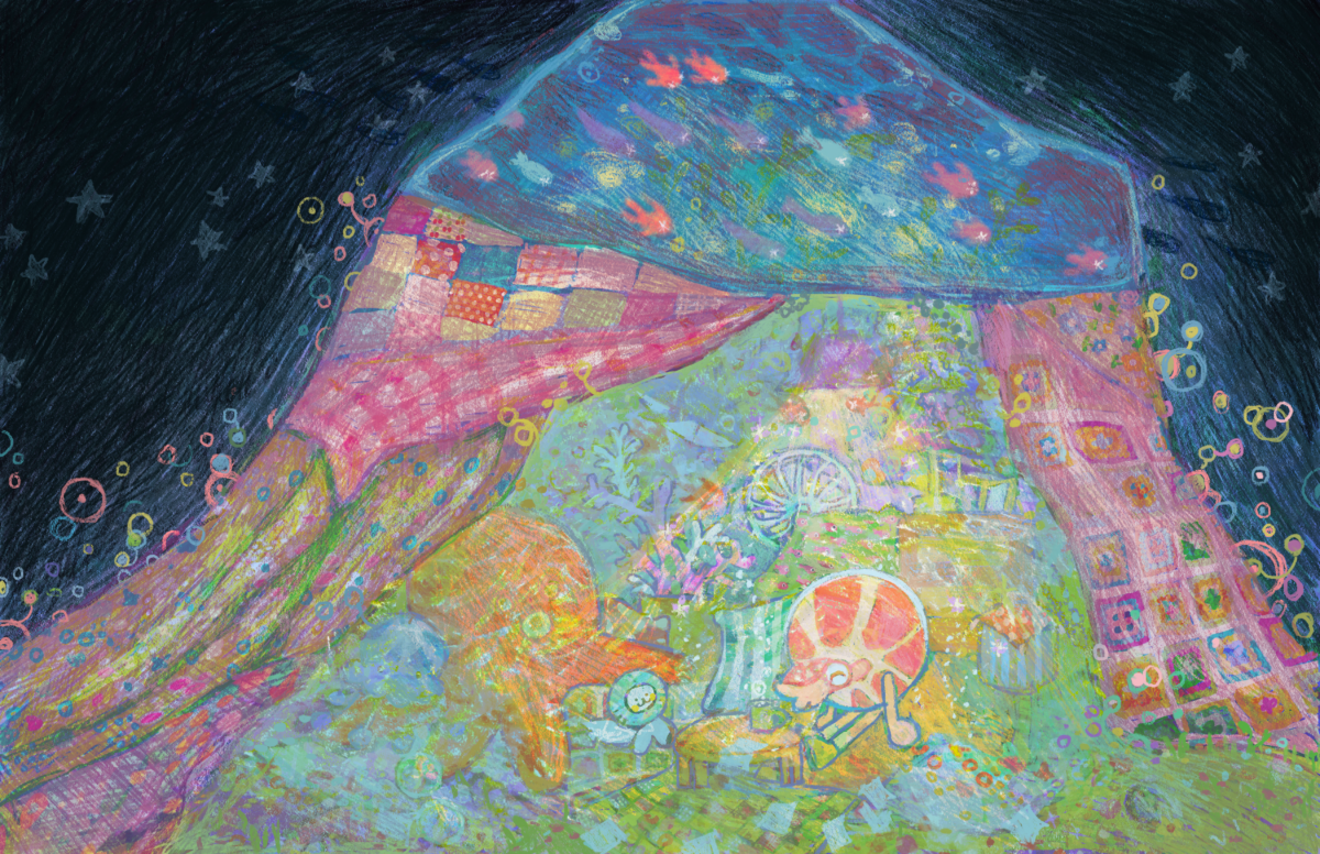 a nautilus character sits in a tent