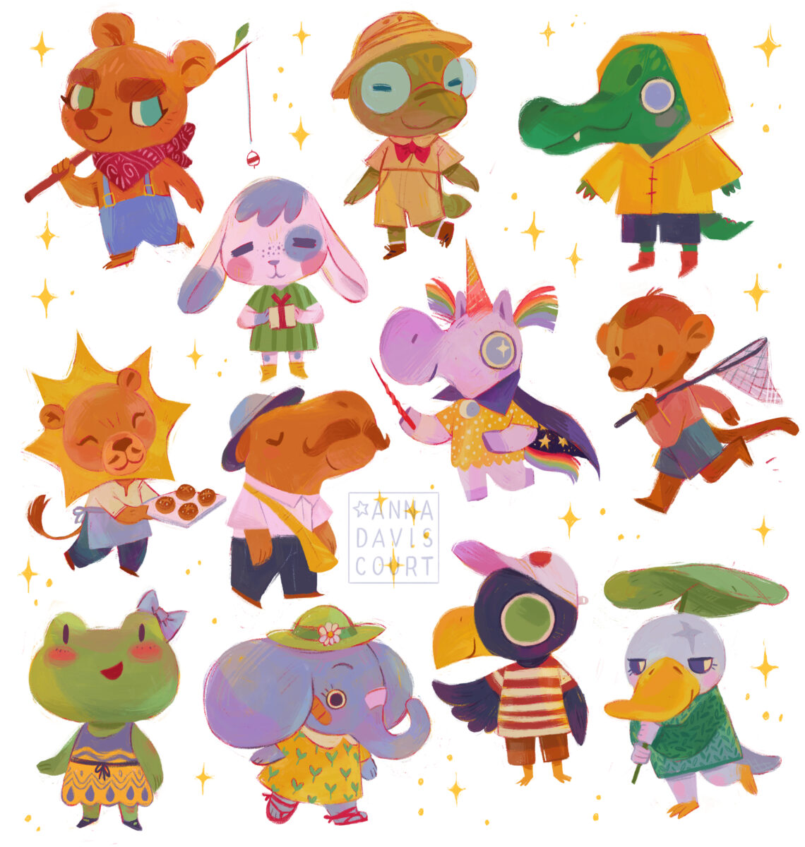 A collection of diagtially painted characters based on various animals, cute and colorful. Watermark: AnnaDaviscourt.com
