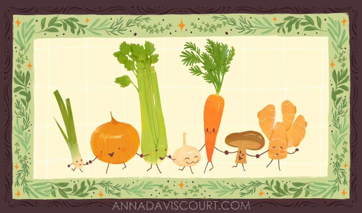 A digital painting of a lineup of personified aromatic ingredients holding hands surrounded by a decorative border of herbs. Watermark: AnnaDaviscourt.com