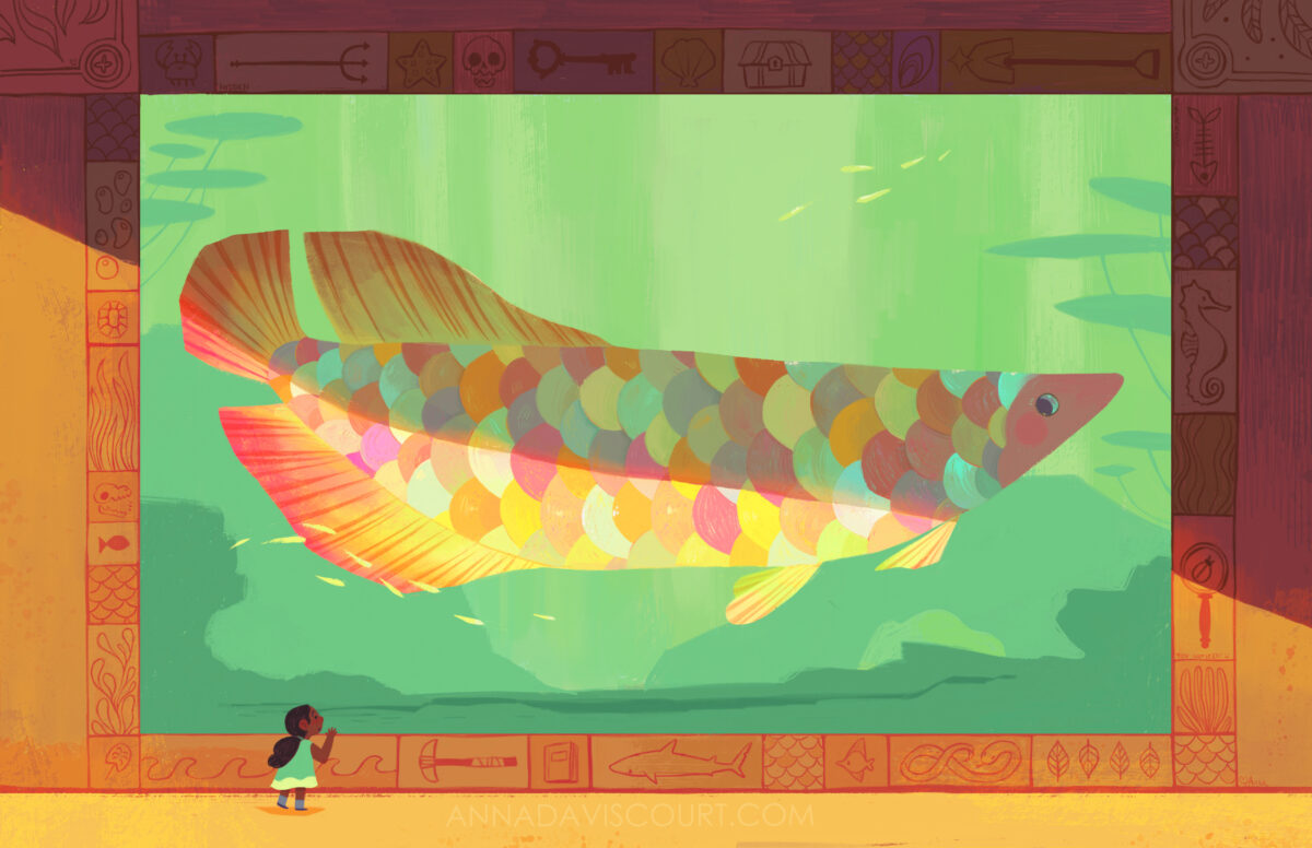 A view through a window of a giant fish in a giant aquarium surrounded by a decorative museum border being looked upon by a small child in the bottom left corner. Watermark: AnnaDaviscourt.com