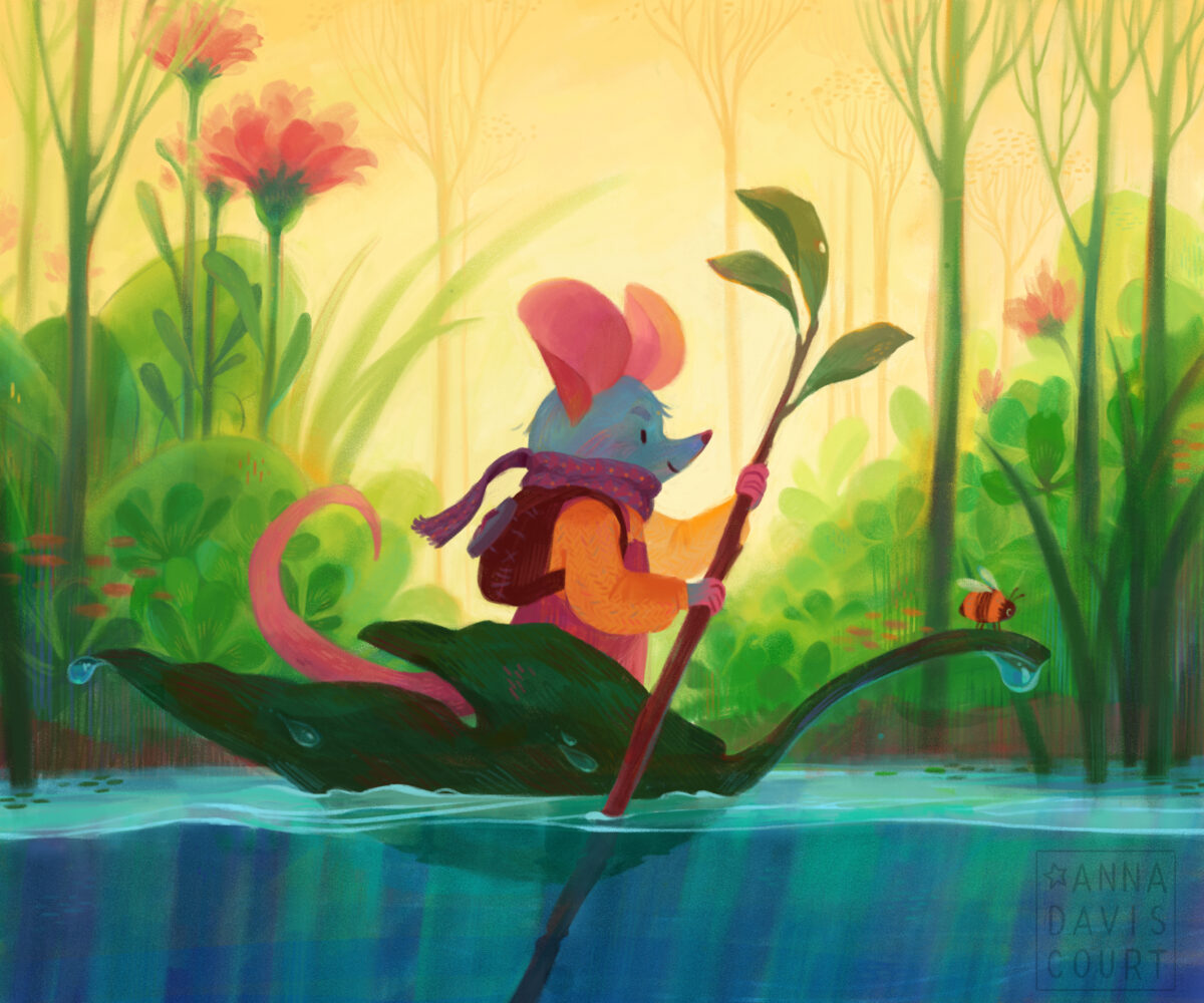 A textural digital painting of a blue mouse steering a leaf boat with a twig oar with a bumble bee friend sitting on the bow. Watermark: AnnaDaviscourt.com