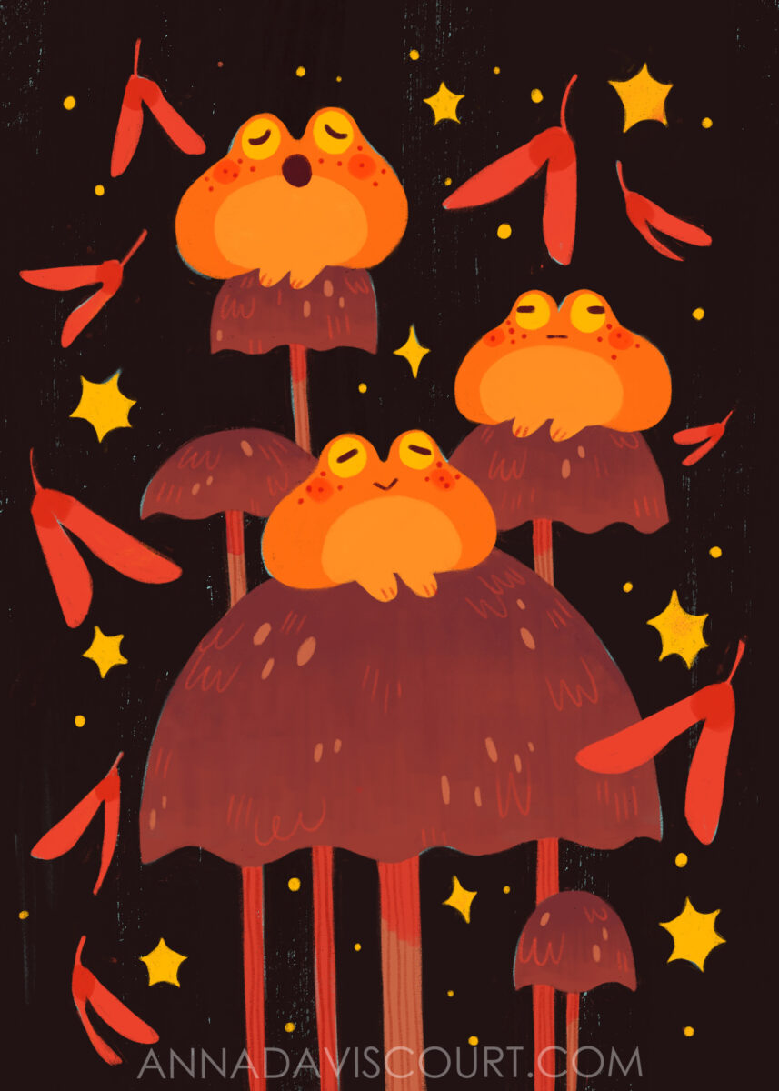 A digital painting of a trio of orange frogs perched atop mushrooms of various heights against a dark background filled with falling seeds and star/sparkles. Watermark: AnnaDaviscourt.com