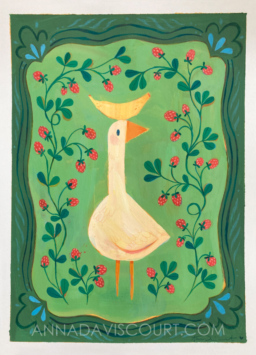 A gouache painting of a white goose with a banana on its head among strawberries surrounded by a decorative green border. Watermark: AnnaDaviscourt.com