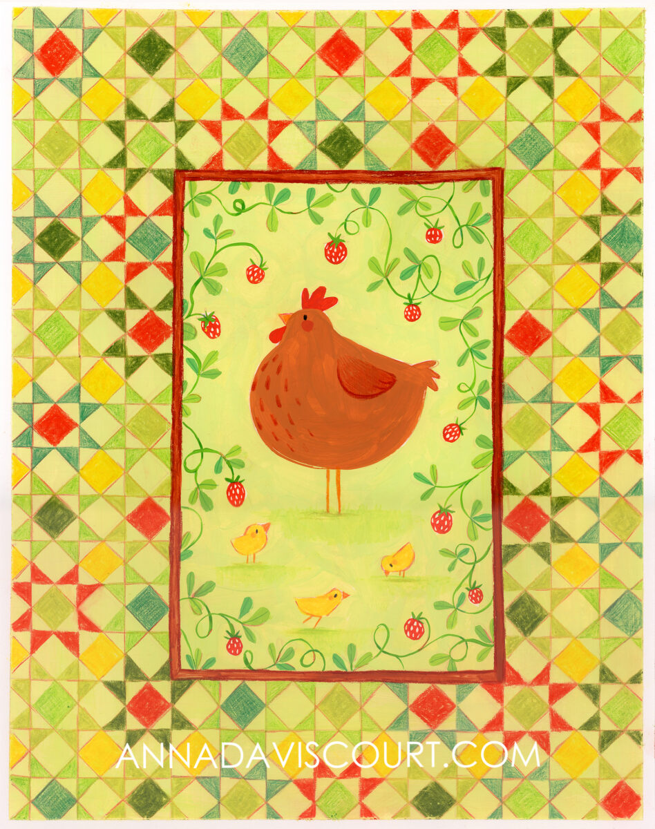 a central brown chicken surrounded by strawberries and a quilted border made up of mostly bright greens and a few pops of red and gold. Traditional media, textured art. Watermark: AnnaDaviscourt.com