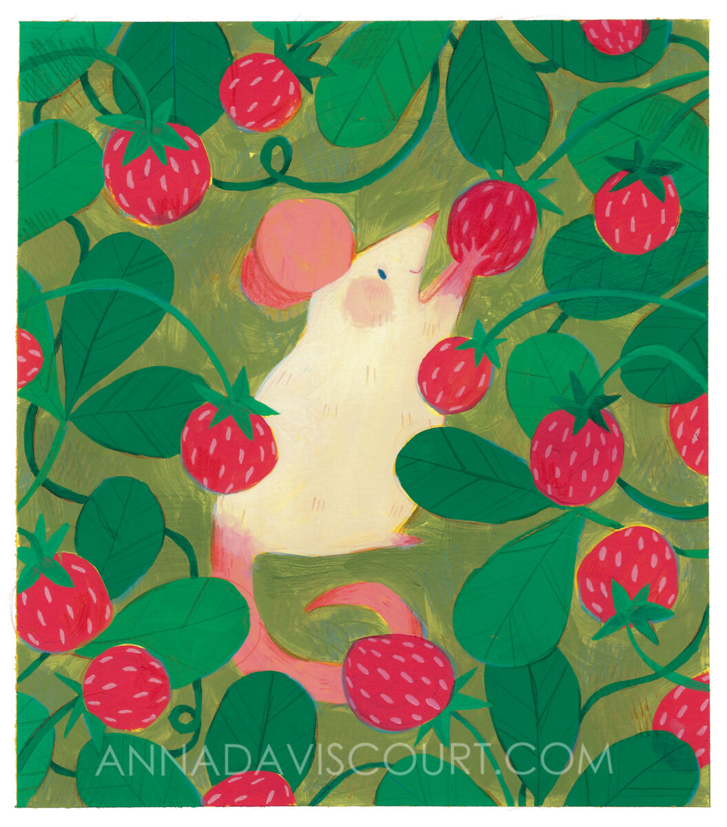 A traditional painting of a white mouse among large red strawberries on a green background. Watermark: AnnaDaviscourt.com