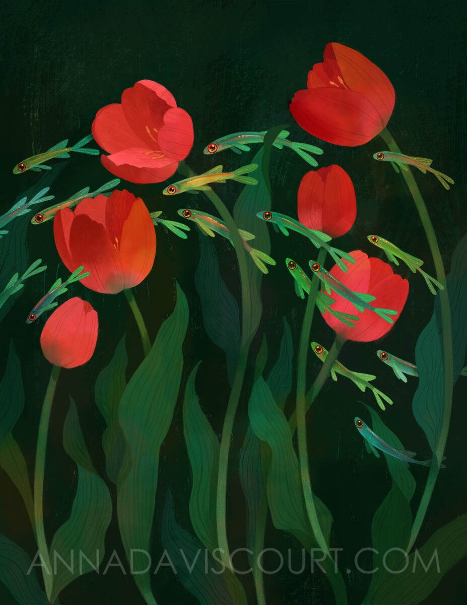 A painting of a school of blue and green fish swimming among red tulips on a dark background. Watermark: annadaviscourt.com