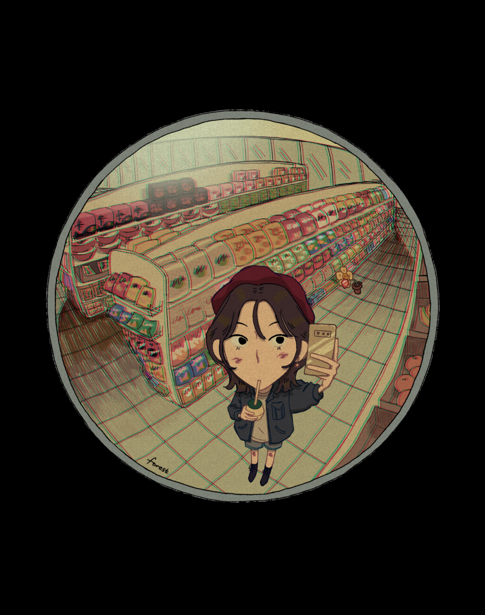 drawing of forest taking a selfie in a convex mirror in a convenience store, sipping a drink, with flor in the back stealing a bag of chips.