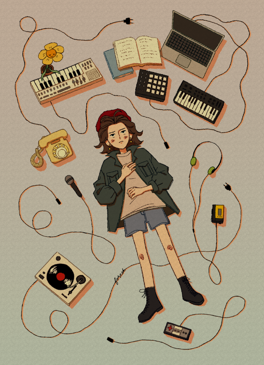 drawing of forest, lying on the floor with different gadgets, and electric instruments, and wires strewn about around them.