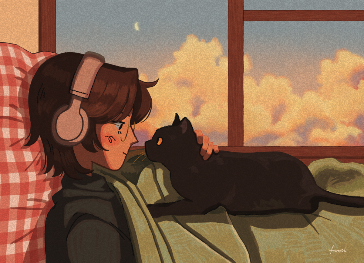 a warm digital painting of forest half-sitting half-lying on their bed with headphones on with a black cat sitting on their chest, their noses nearly touching. the sky outside is twilight, a muted blue with orange clouds and a faint crescent moon.