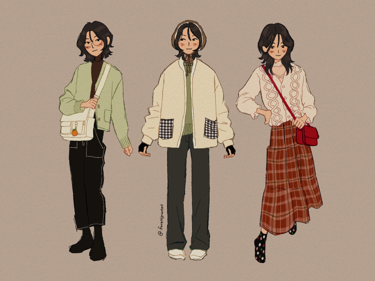 drawing of 3 girls standing in a row. the first one is wearing a muted pastel green cardigan and a white cross-body bag and black jeans. the middle one is wearing a puffy jacket with gingham pockets and ear muffs. the third one is wearing a white knit top with a red plaid maxi skirt with a small red purse.