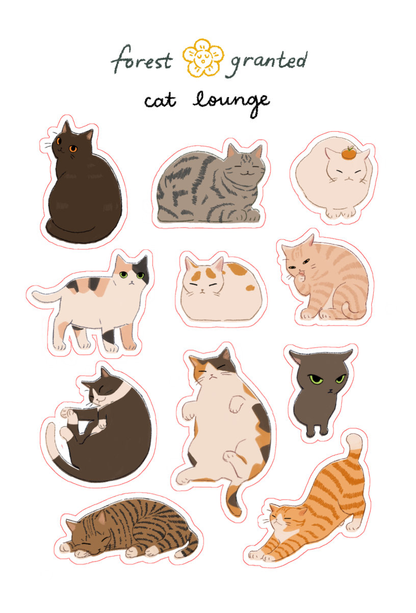 sticker sheet of various cute cats lounging around.