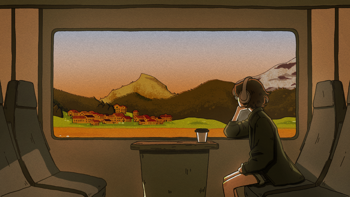 drawing of a girl looking out the window of a train. the sky is a pinkish-orange gradient with swiss mountains in the background.