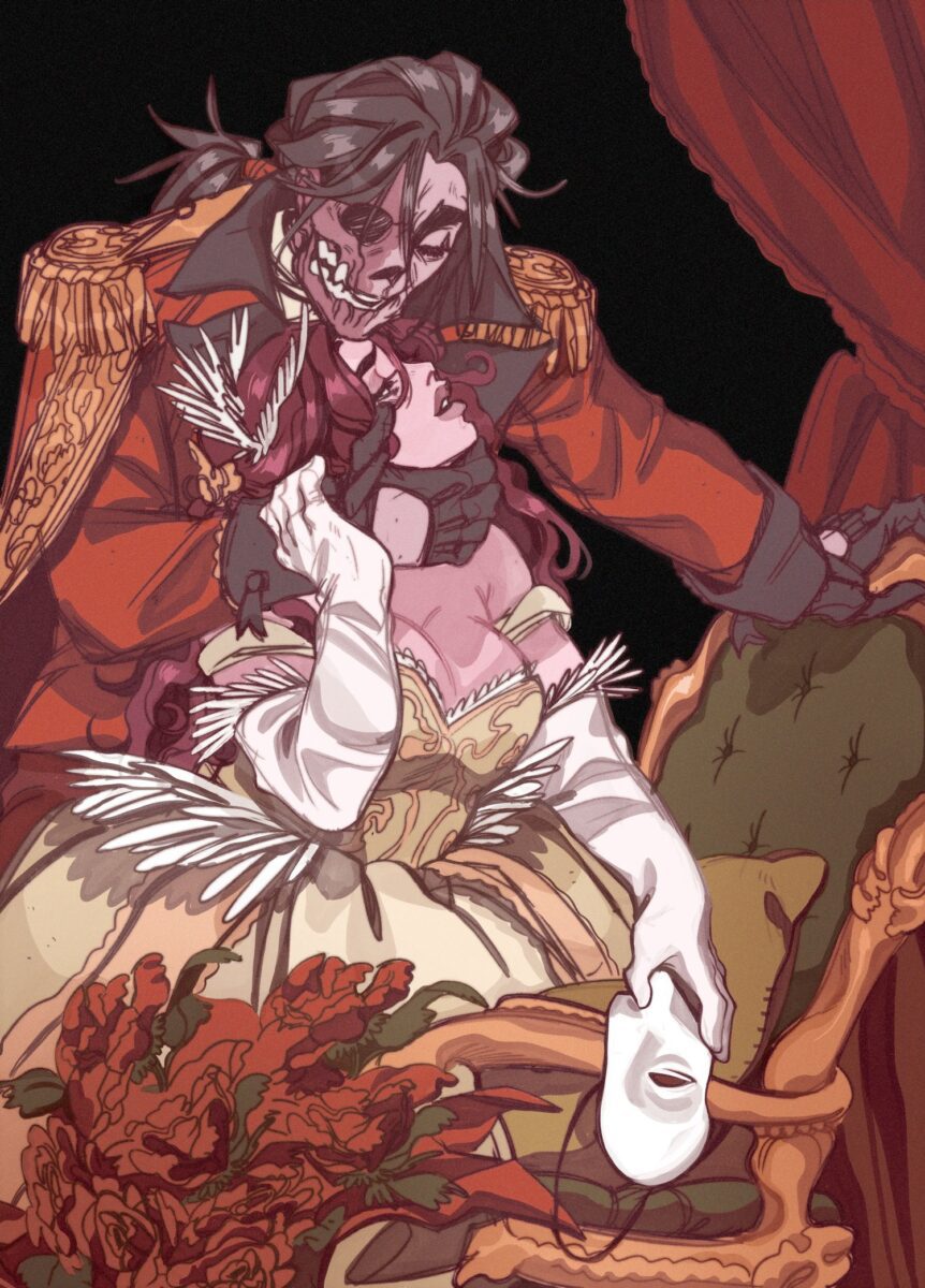 Image of a man with half his face melted, in a red suit. Pressing a woman to him, hand wrapped around her neck. The woman dressed in golden theater costume braces herself and hold's the man's mask in her hand.