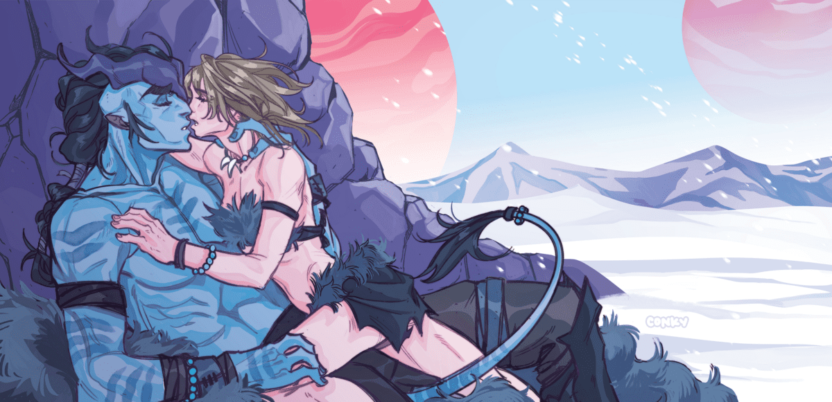 A tall blue alien with horns, and a light haired woman share a dramatic kiss in the shadow of a cave. And a snowy mountain landscape featuring red moons in the sky. Haeden and Josie from Ruby Dixon's Barbarian's Mate.