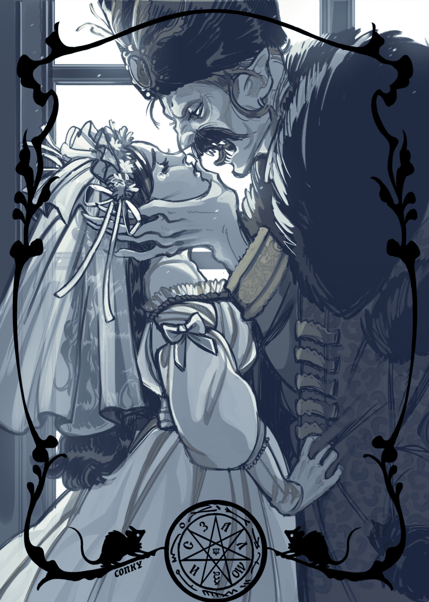 Tall, undead lord in a dated fur coat holds his small bride menacingly. they're back lit from a moonlit window. the image is frames with a delicate design made of bones, plants, mice and a sigil at the bottom of the image.