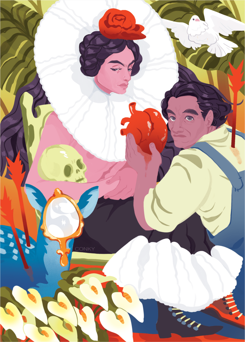 A portrait of Frida Kalho sitting cradling an infant skull. Diego Rivera kneeling into her holding up a an anatomical heart to frida. A white dove flies over head, a wounded deer lays in a bed of white lilies. both figures look at the viewer with stale expressions.