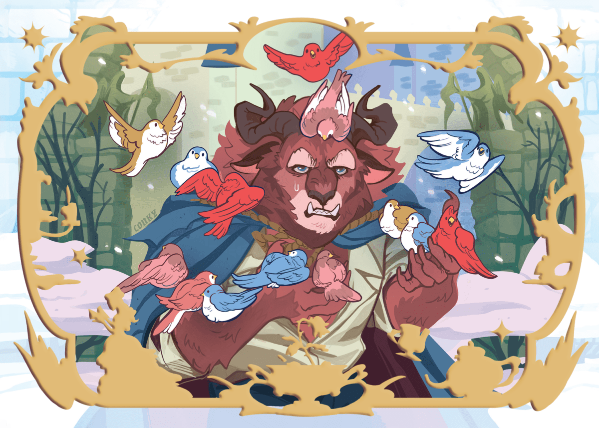 The scene from Disney's Beauty and the Beast where the beast is feeding the birds in winter and the castle in the background. Featuring a golden decorative frame with silhouettes of the other characters and the rose.