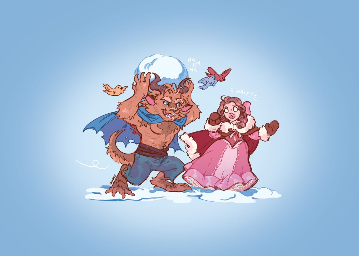 Cute miniature drawing of belle and beast form Beauty and the Beast having a snowball fight. Beast holding a giant snowball and chases a screaming belle.