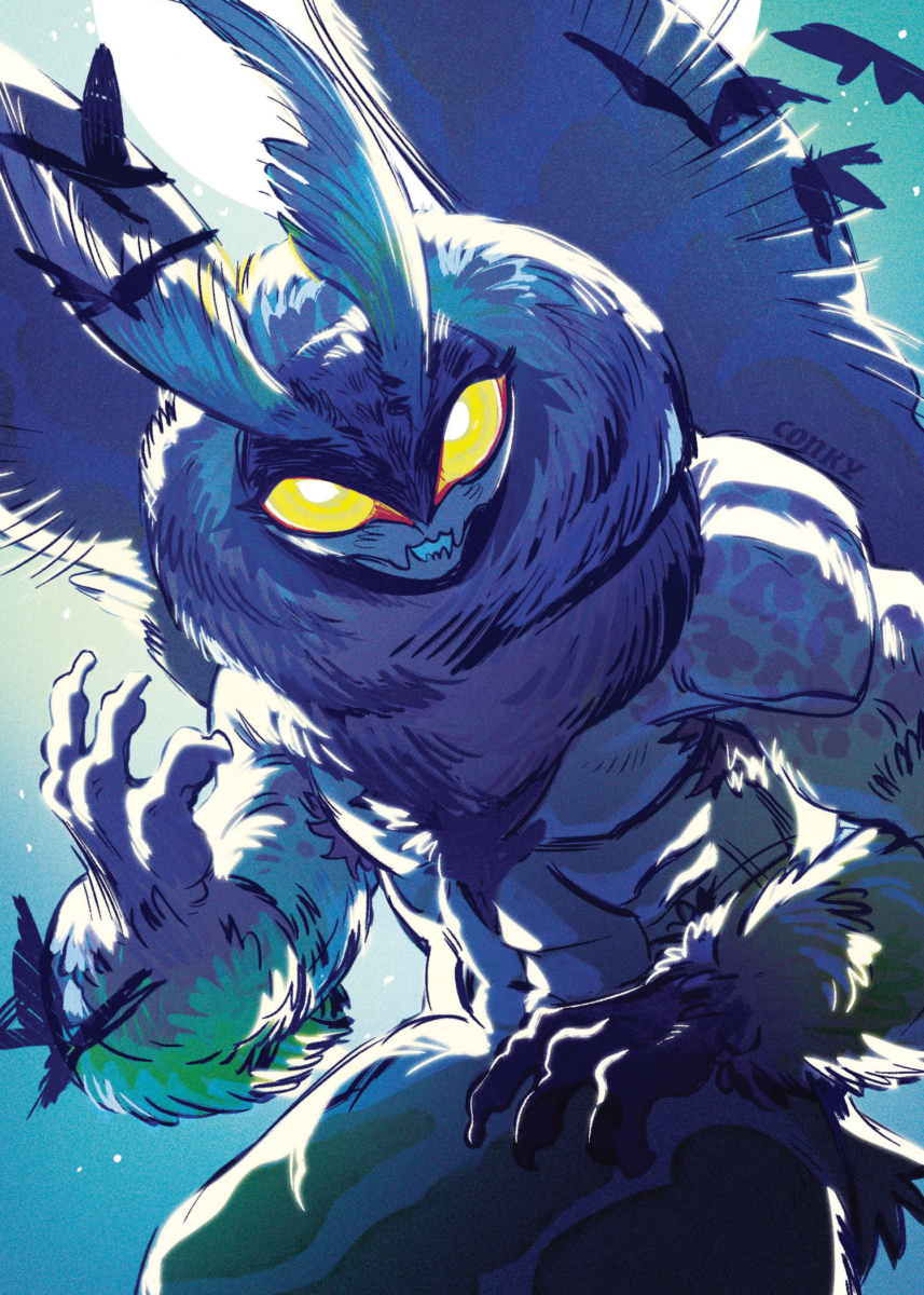 A single character portrait. A back lit mothman with glowing yellow eyes reaching out to the viewer.