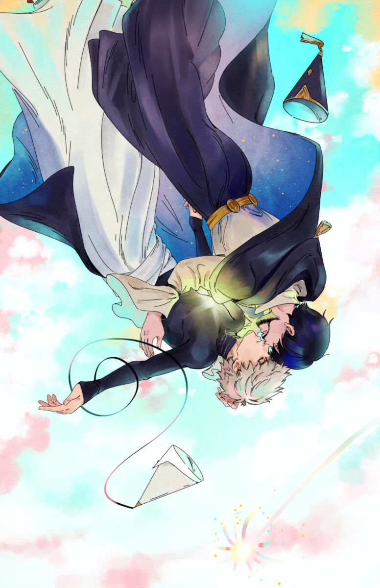 Qifrey and Olruggio falling through cose colored skies, while holding onto each other very tenderly.