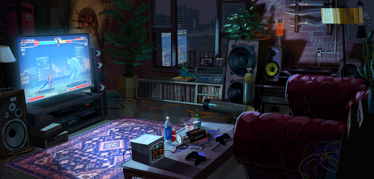 Uncle aarons apartment design, dark room lit by a tv with all the cool things a 13 year old boy could want