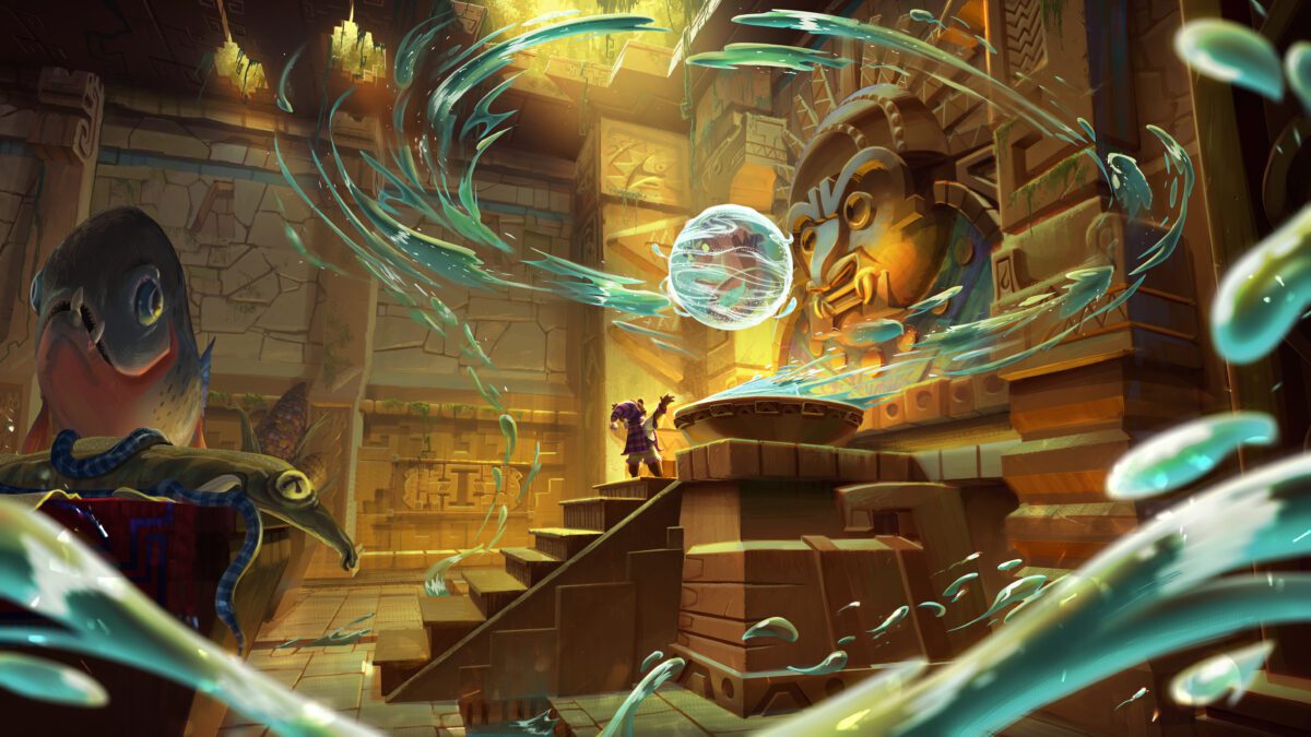 A boy looks at a water spirit emerging from a bowl shaped container in an Incan inspired interior. Medium VR, Blender and Photoshop.