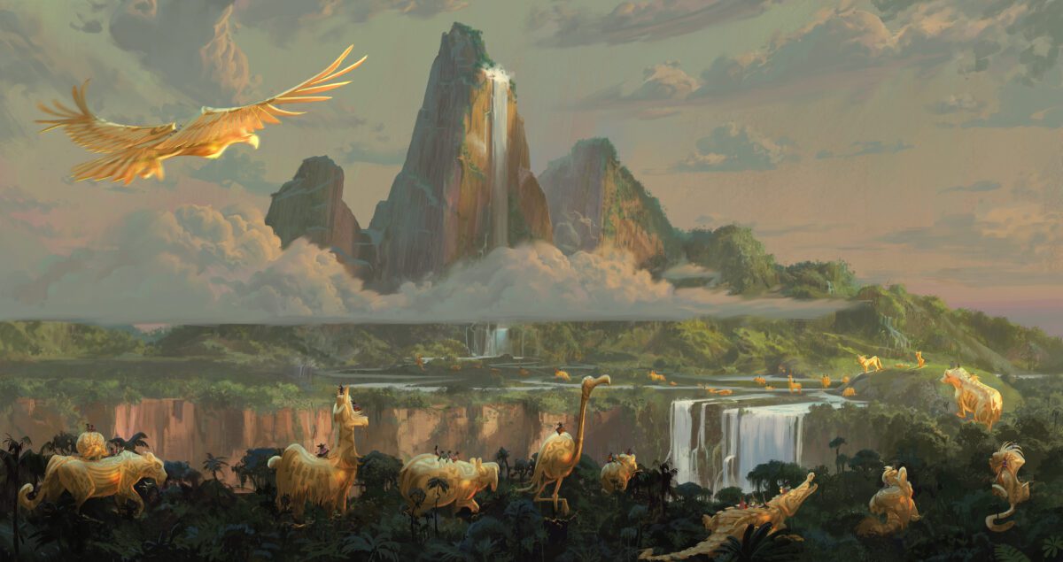 A Procession Villagers riding giant animals with Incan symbology walk through the Jungle to a mountain with a large waterfall that creates rivers downstream. Low clouds and sunset lighting create a warm and wondrous feeling