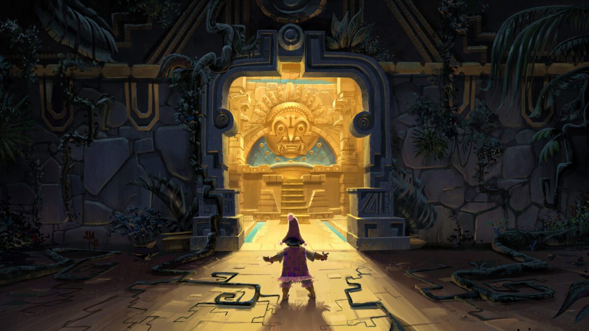 A boy discovers an Incan inspired Gold room with a centerpiece of a sun god relief. Overgrown plants surround the arch entryway. Medium VR, Blender and Photoshop.