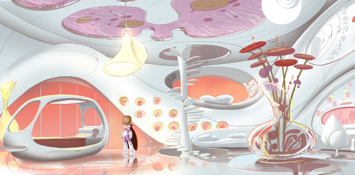 Little Red Riding Hood stands in a room with flowing forms inspired by Ross Lovegrove and Luigi Colani. A back wall has plants growing in patterned circular containers. The room is white with warm red tones from the martian landscape outside.