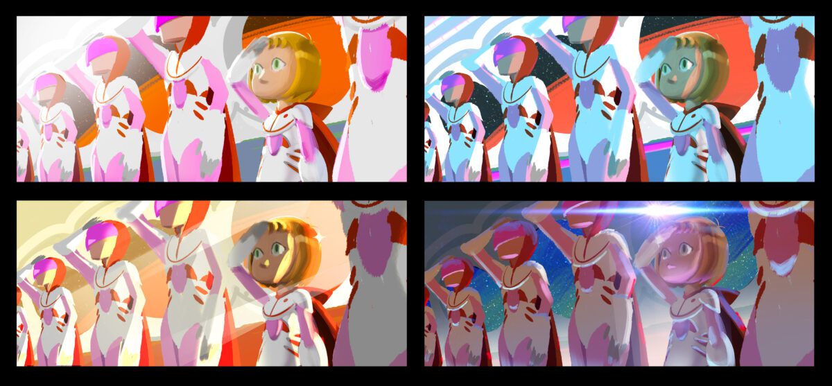 A short girl in a spacesuit salutes while in a line of other women saluting. Mars is in the background. 4 color explorations go through neutral, warm and cool options.