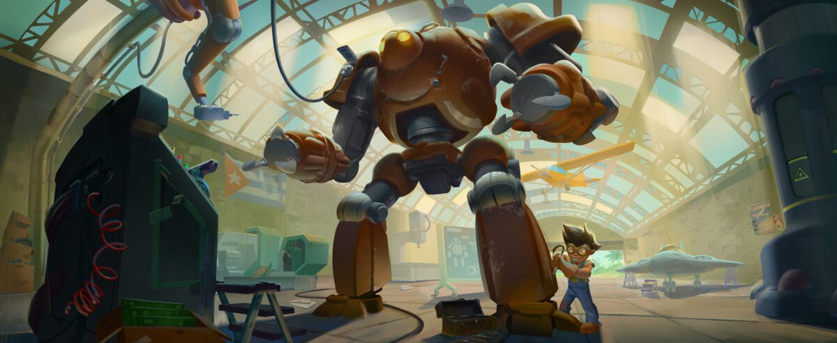 In an abandoned Airplane Hangar a boy puts the finishing touches on his Giant robot. Engineering and Airplane equipment surround him.