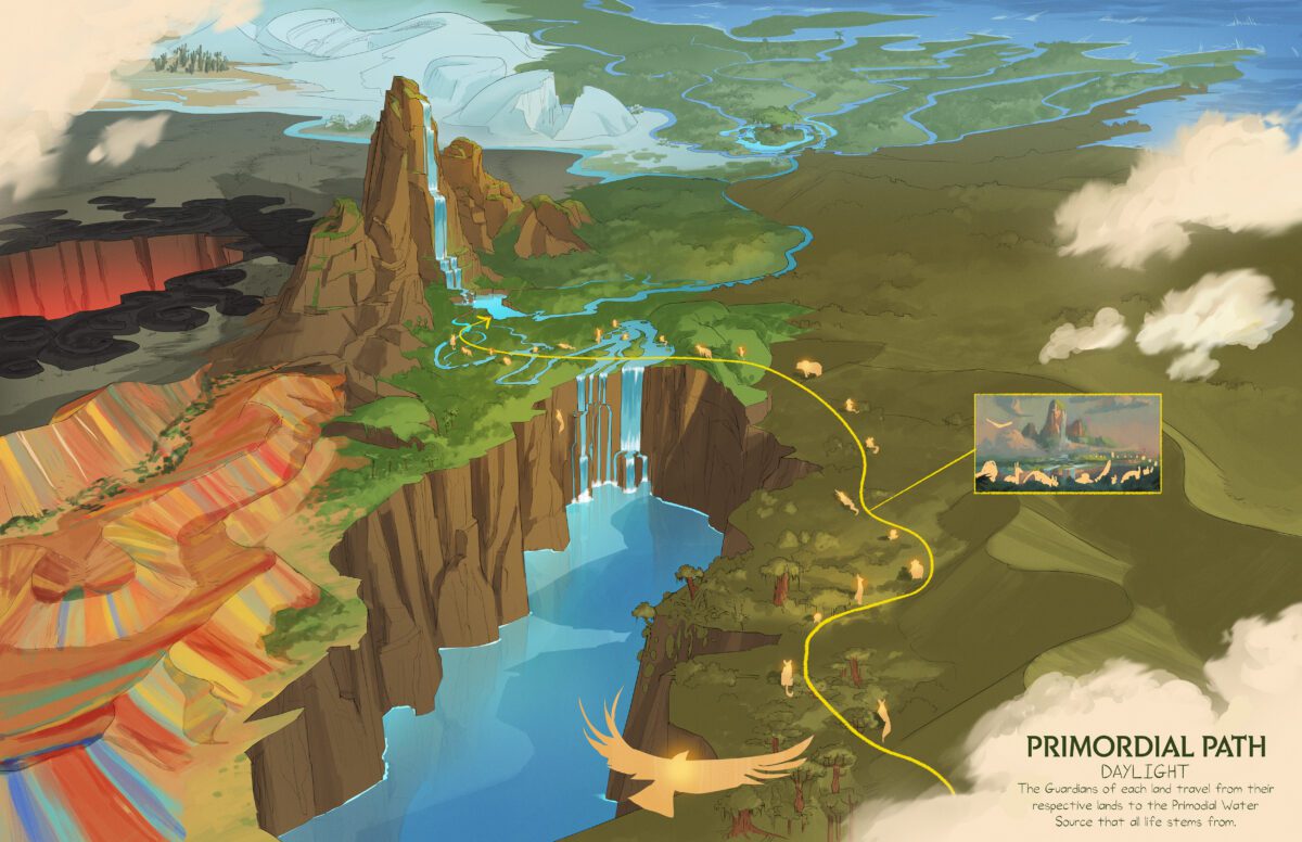 An aerial View Drawing of a mountain with 5 different lands around it including :jungle, painted sand dunes, lava, ice and swap marsh. A path for the Jungle animals explains how they reach the base of the waterfall.