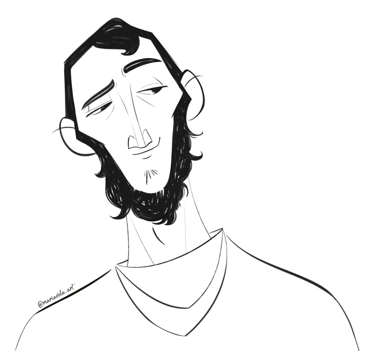 Black and white sketch of a stylized man with a beard, tilted head, and half-closed eyes, conveying a confident and defiant expression.