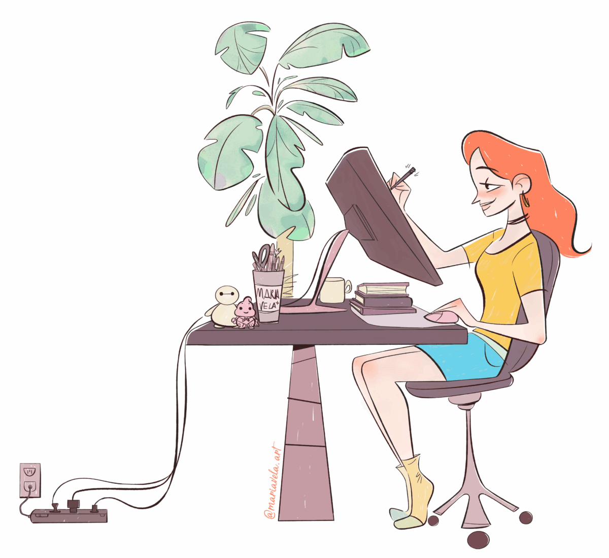 Stylized illustration of a red-haired woman smiling while drawing on a digital tablet at her desk, surrounded by a large plant, coffee, and creative clutter.